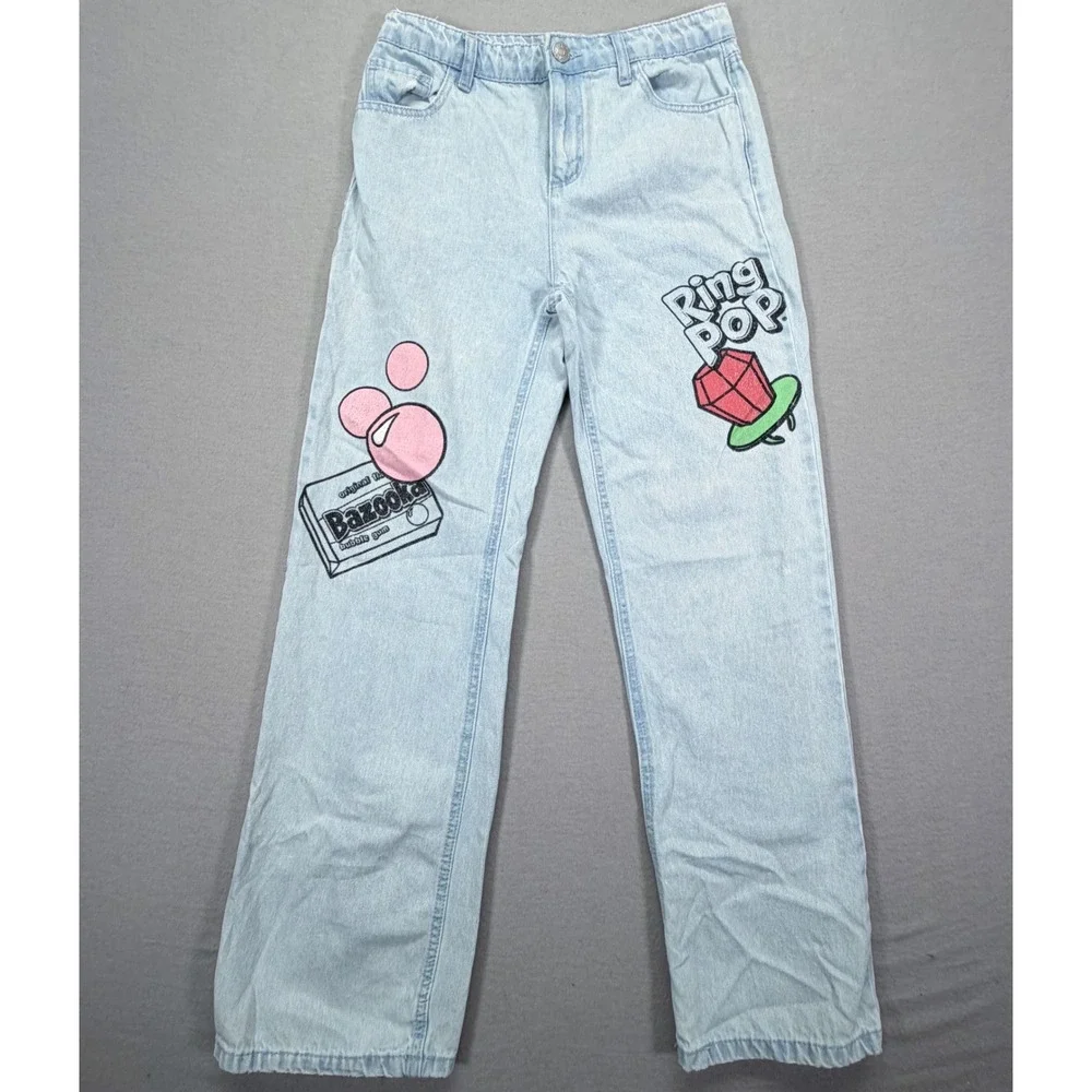 Justice Jeans Kids Size 16 Good Light Blue Bazooka Ring Pop Graphic Straight Leg
